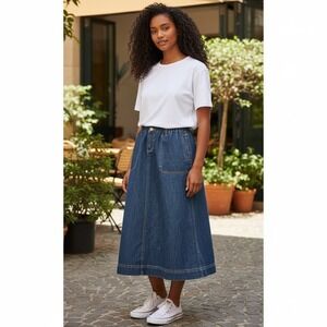 Vintage Y2K Lee Denim Midi Skirt 8P Blue Side Elastic Cottagecore Modest Prairie